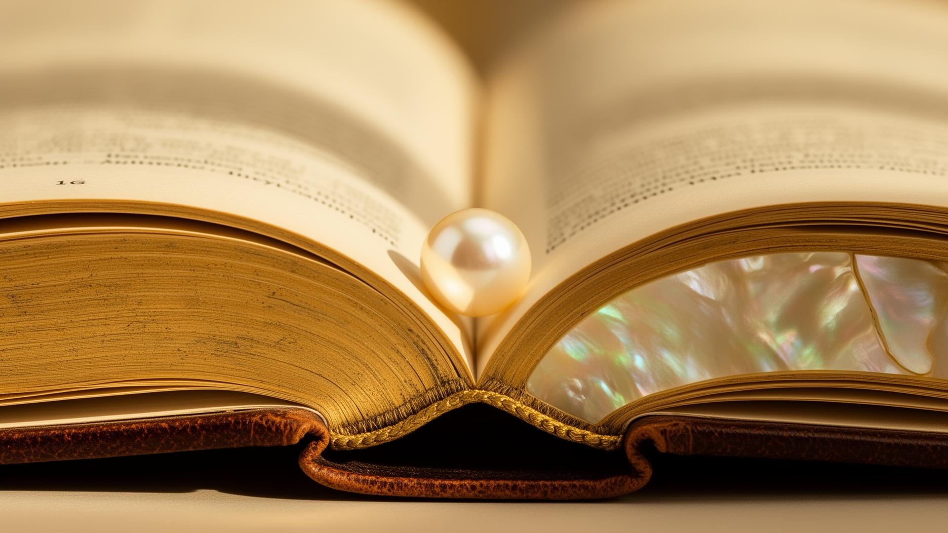 An open antique book with a single luminous pearl resting in the gutter of the pages