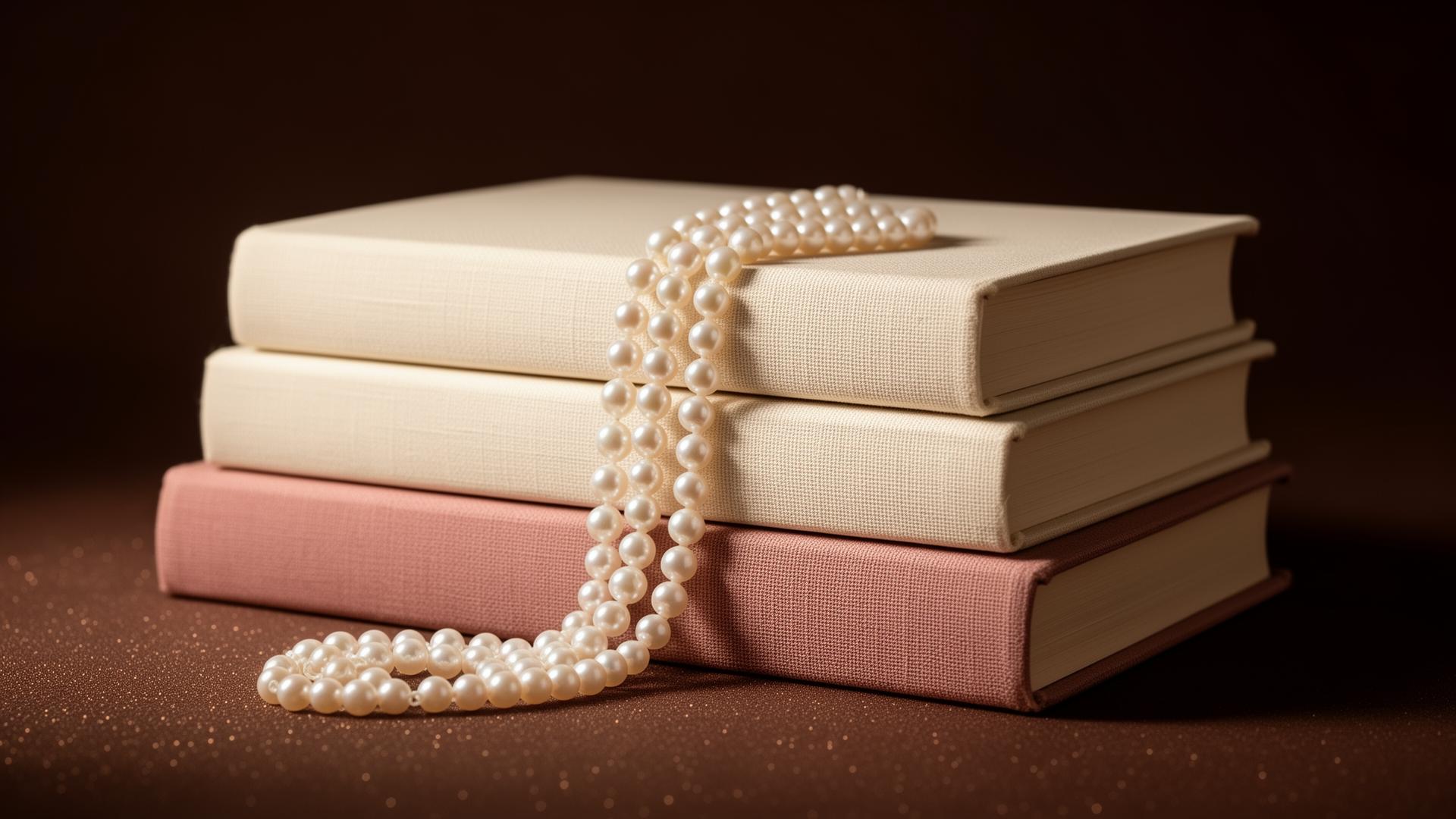 Stacked vintage leather books draped with a strand of pearls